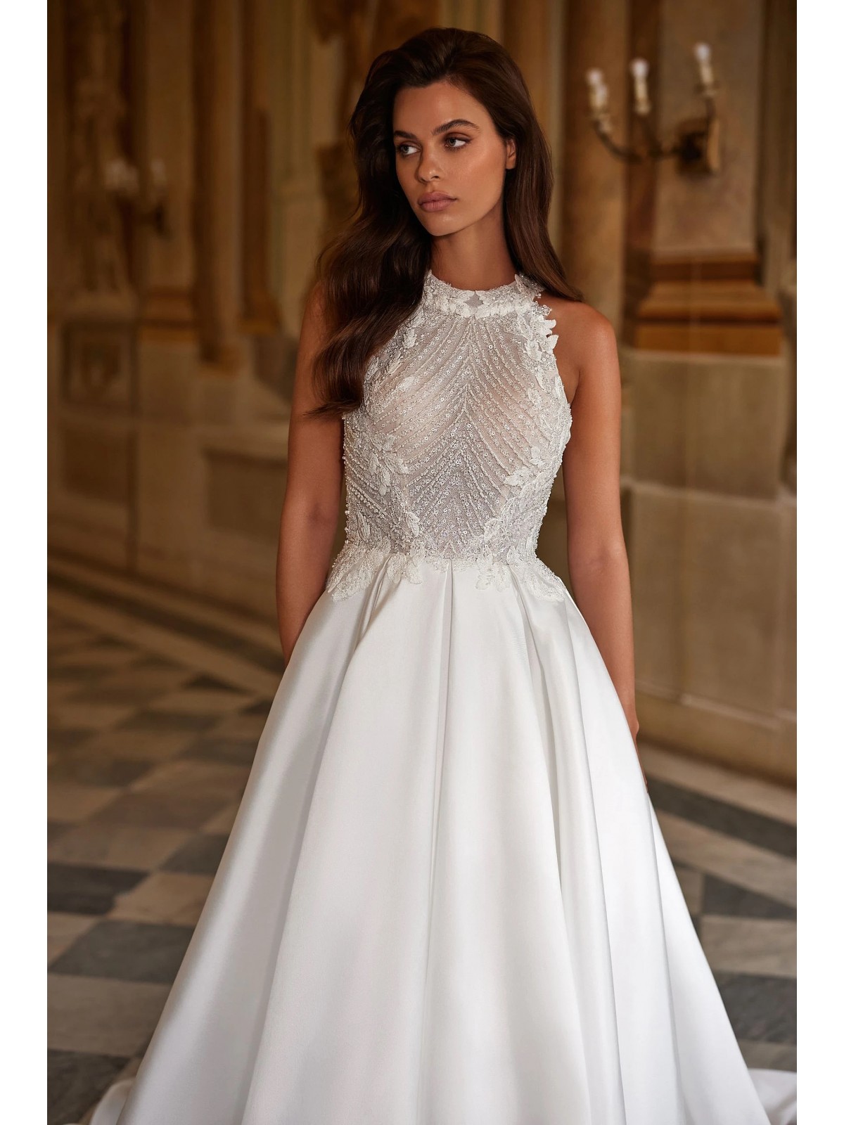 Luxury Wedding Dress - Embroidered Symmetrical Lace A-line Dress with Mikado fabric - Prazera - LIDA-01366.00.17